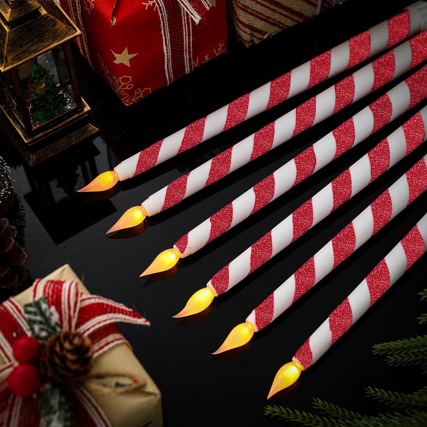 6 Pack Christmas Candy Cane Flameless Flickering Candles with Remote Control