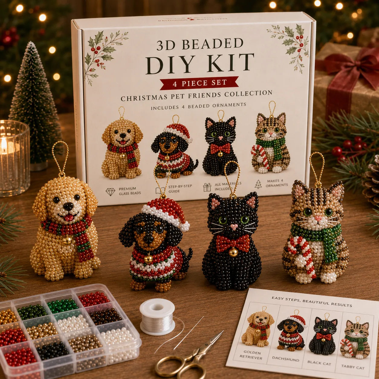 🧘 Relaxing & Beginner-Friendly-💎4-Piece 3D Beaded Christmas Ornament DIY Kit (❤As Seen in the Video)