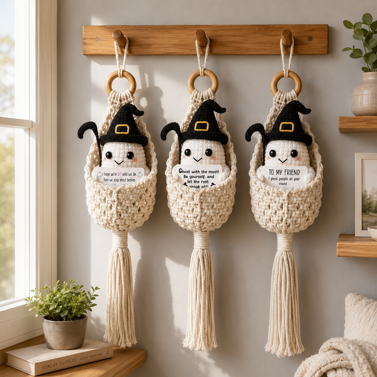 Spooky-Cute Crochet Ghost Gift 👻 Bestie Desk Decor & Boho Hanging Basket