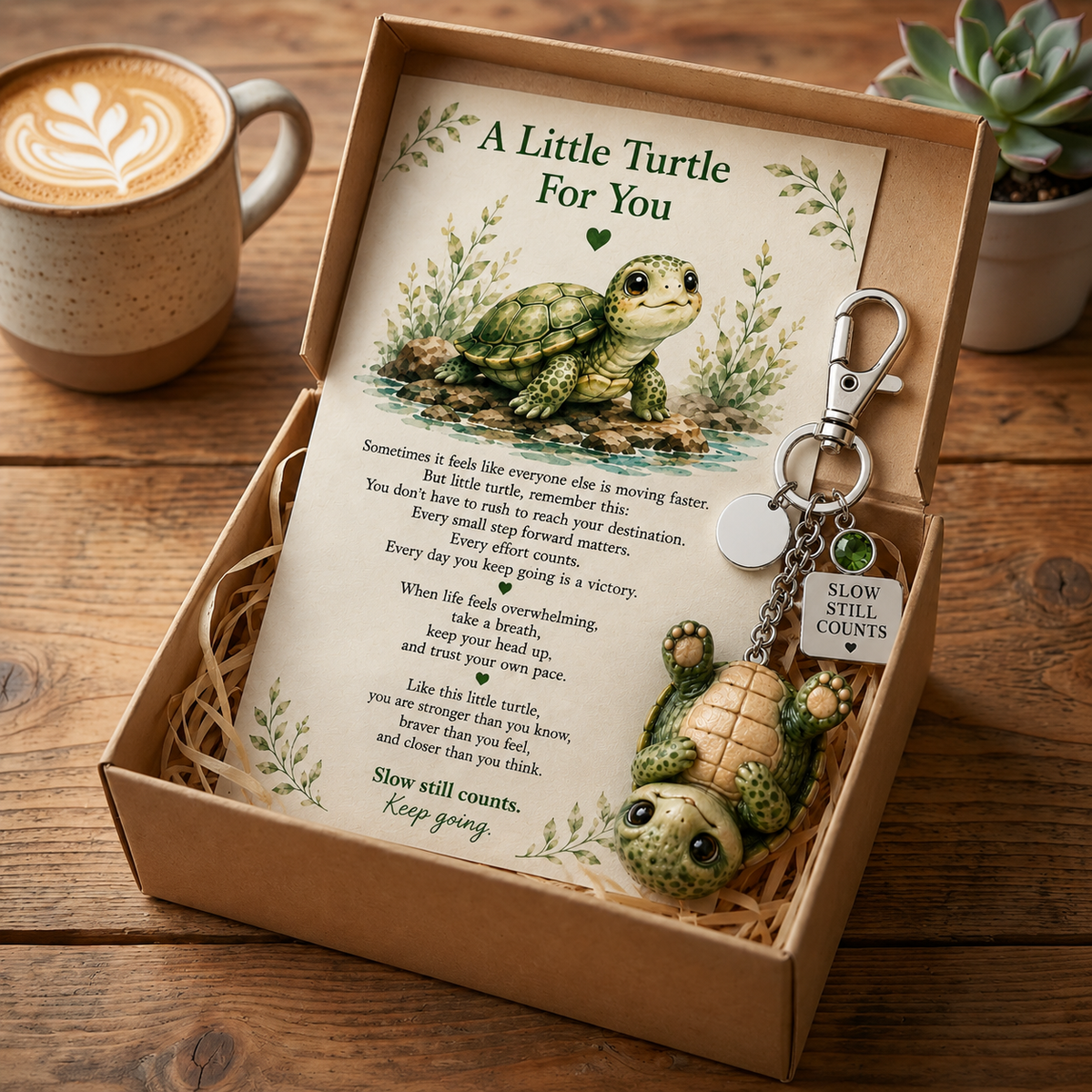 🔥Last Day Buy 3 Get 1 Free🐢 "Slow Still Counts" Turtle Keychain & Keepsake Card Set