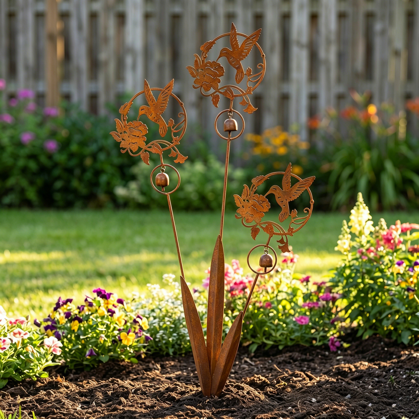 Triple Hummingbird and Lily Garden Stake