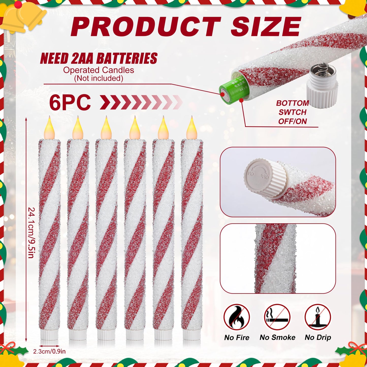 6 Pack Christmas Candy Cane Flameless Flickering Candles with Remote Control
