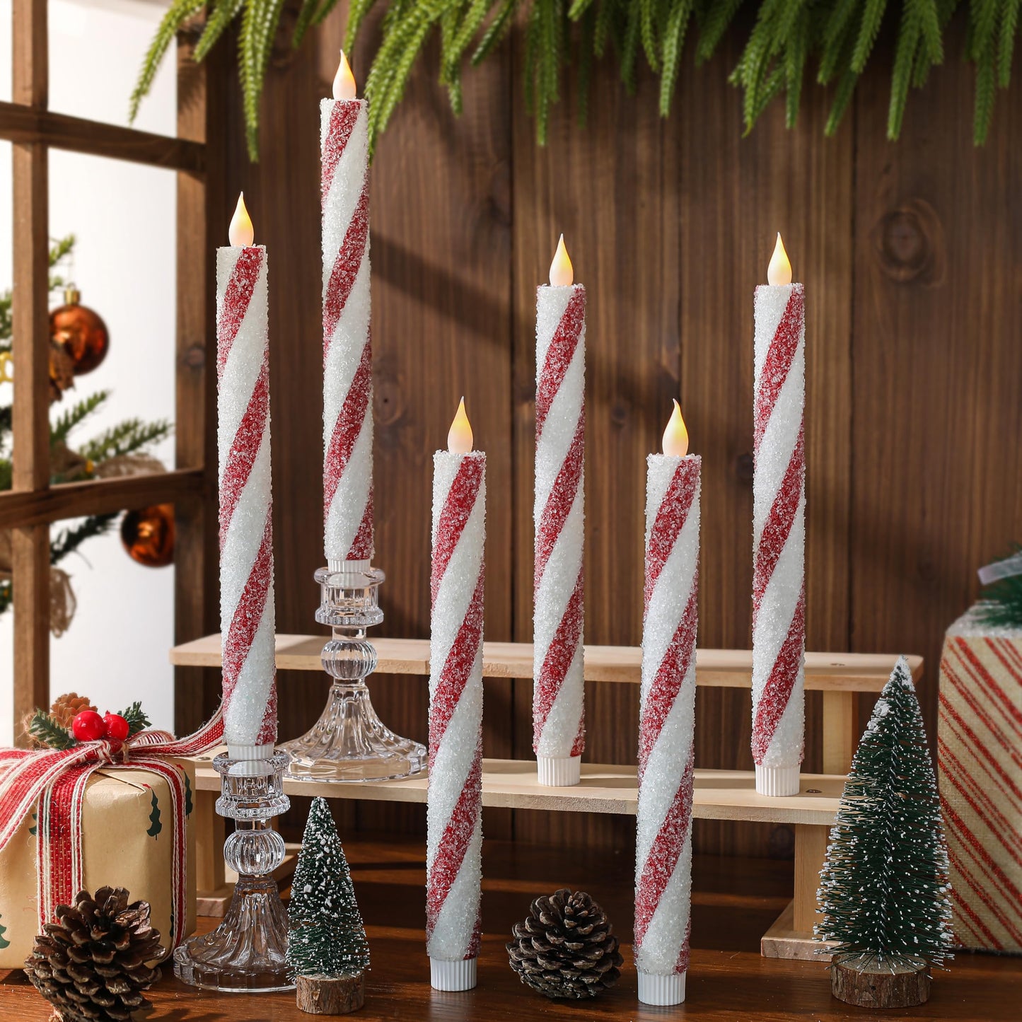 6 Pack Christmas Candy Cane Flameless Flickering Candles with Remote Control