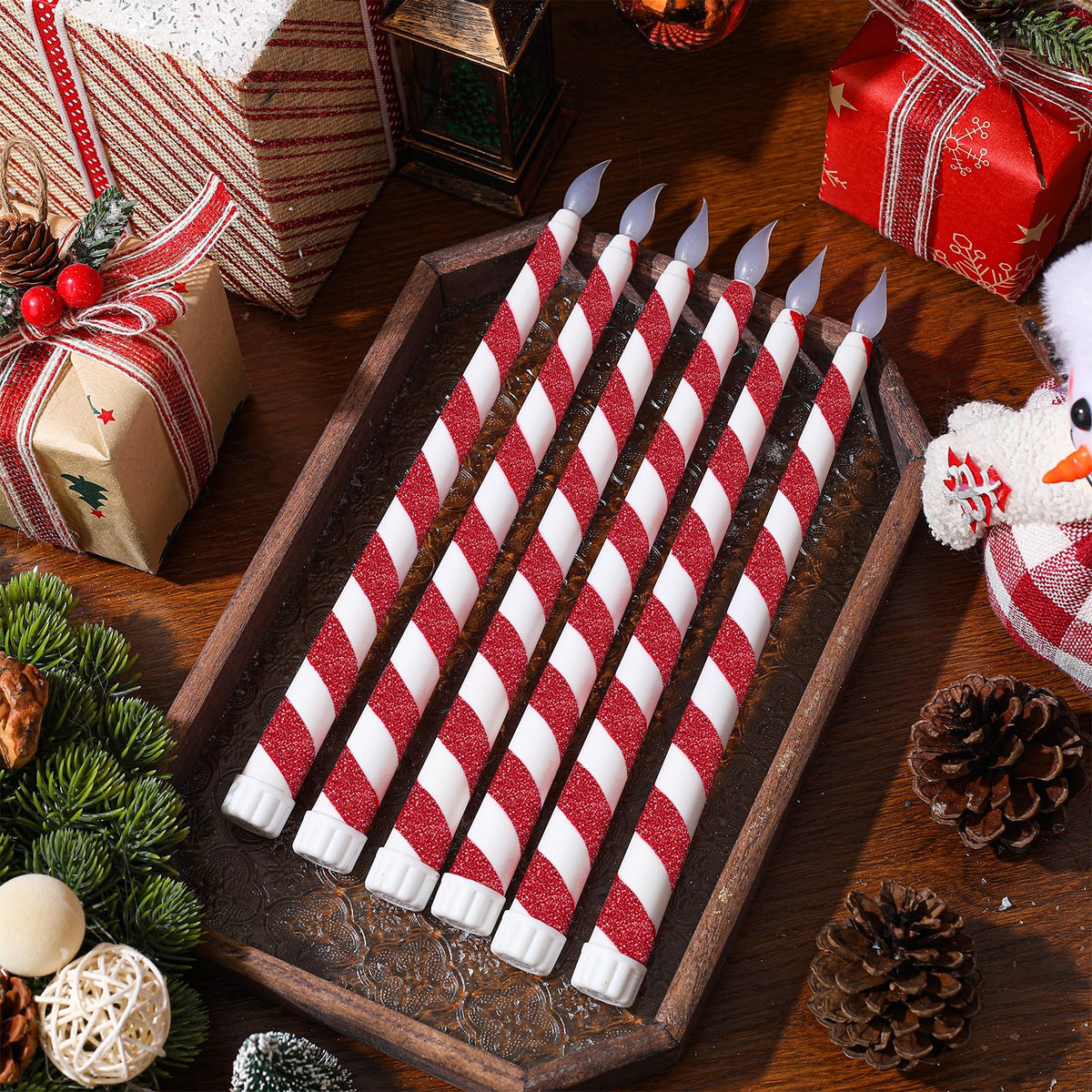 6 Pack Christmas Candy Cane Flameless Flickering Candles with Remote Control