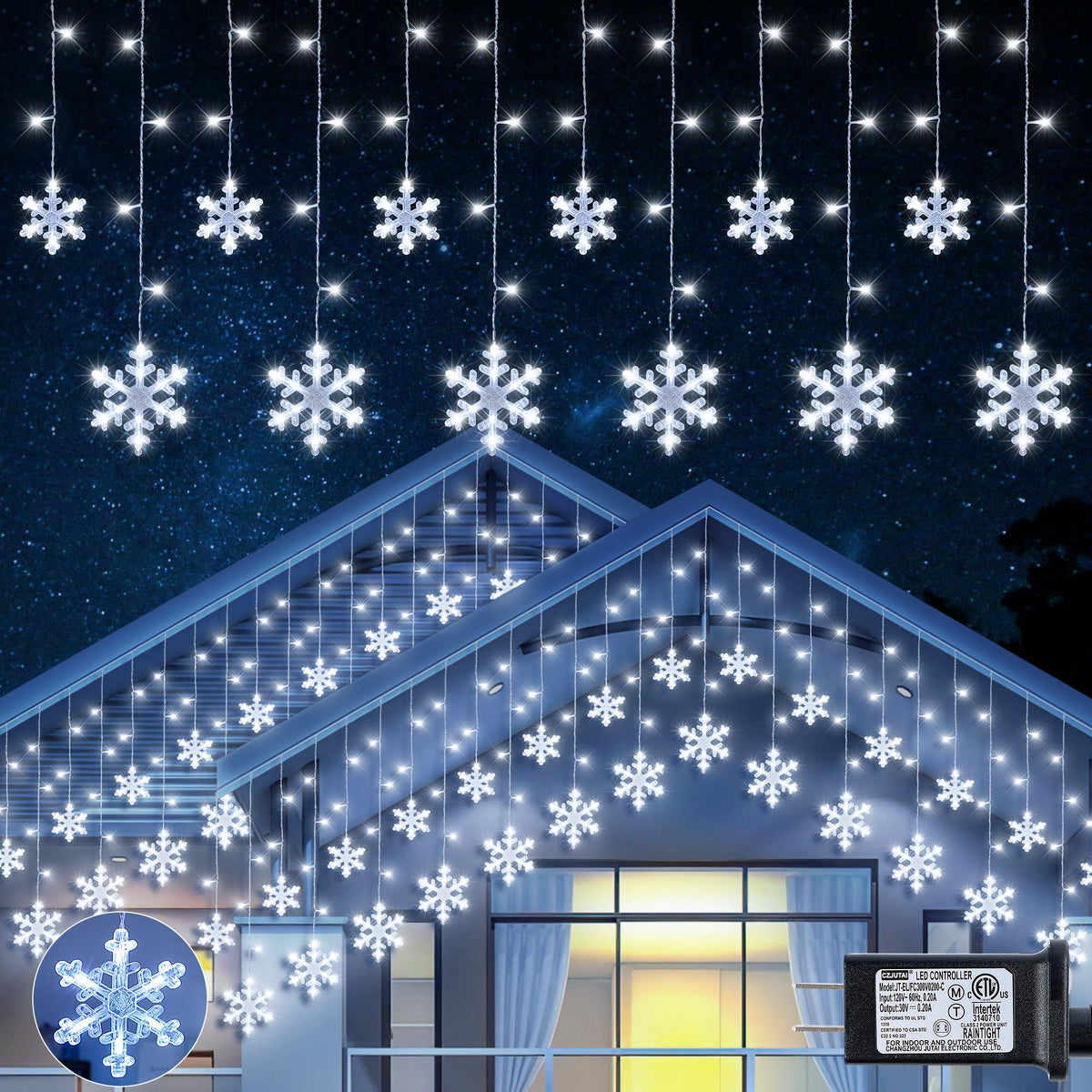 Christmas Snowflake Icicle Hanging String Lights with Remote Control