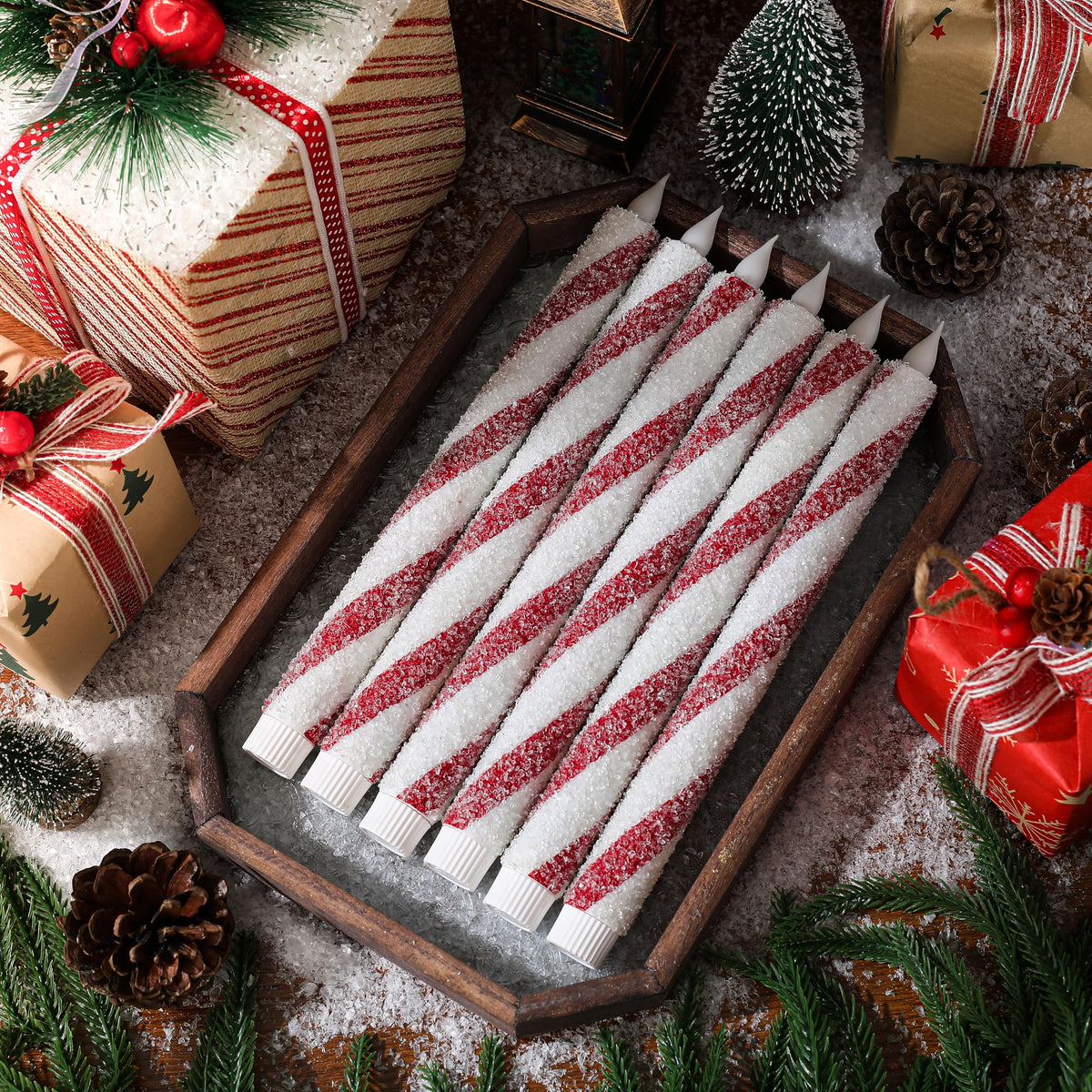 6 Pack Christmas Candy Cane Flameless Flickering Candles with Remote Control