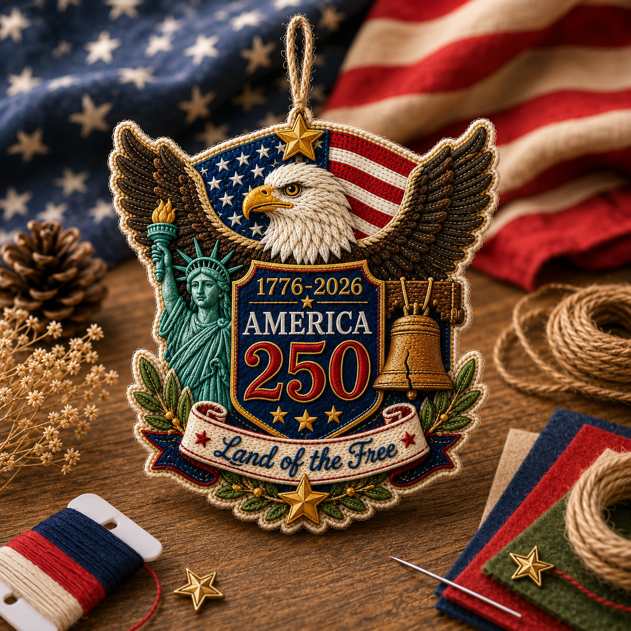 America 250 DIY Felt Ornament Kit, 1776-2026 Patriotic Handmade Hanging Decoration, Red White Blue Felt Craft Kit with Embroidery Thread, Jute Cord & Star Charm for Independence Day, Memorial Day, Veterans Day, Home Decor
