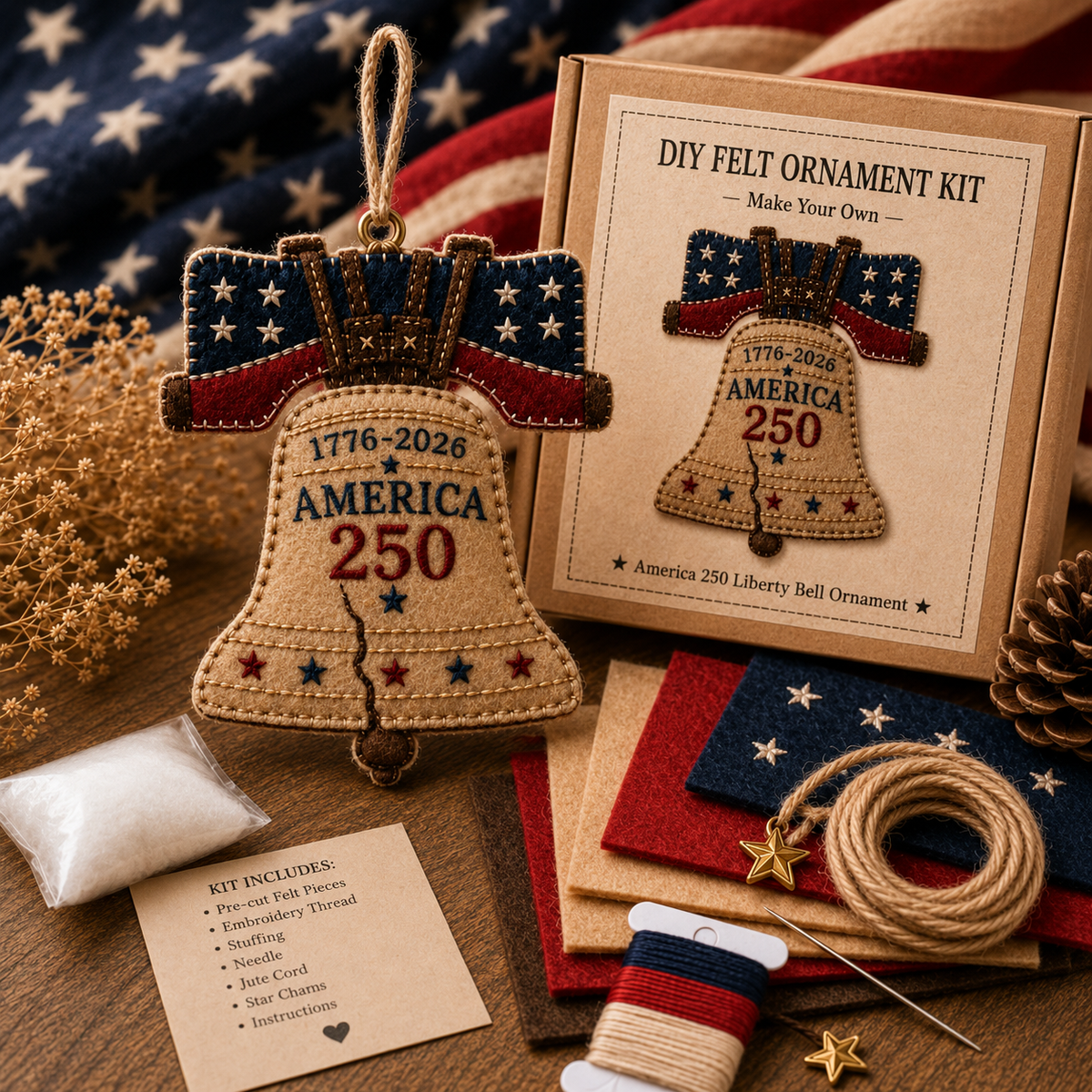 America 250 DIY Felt Ornament Kit, 1776-2026 Patriotic Handmade Hanging Decoration, Red White Blue Felt Craft Kit with Embroidery Thread, Jute Cord & Star Charm for Independence Day, Memorial Day, Veterans Day, Home Decor