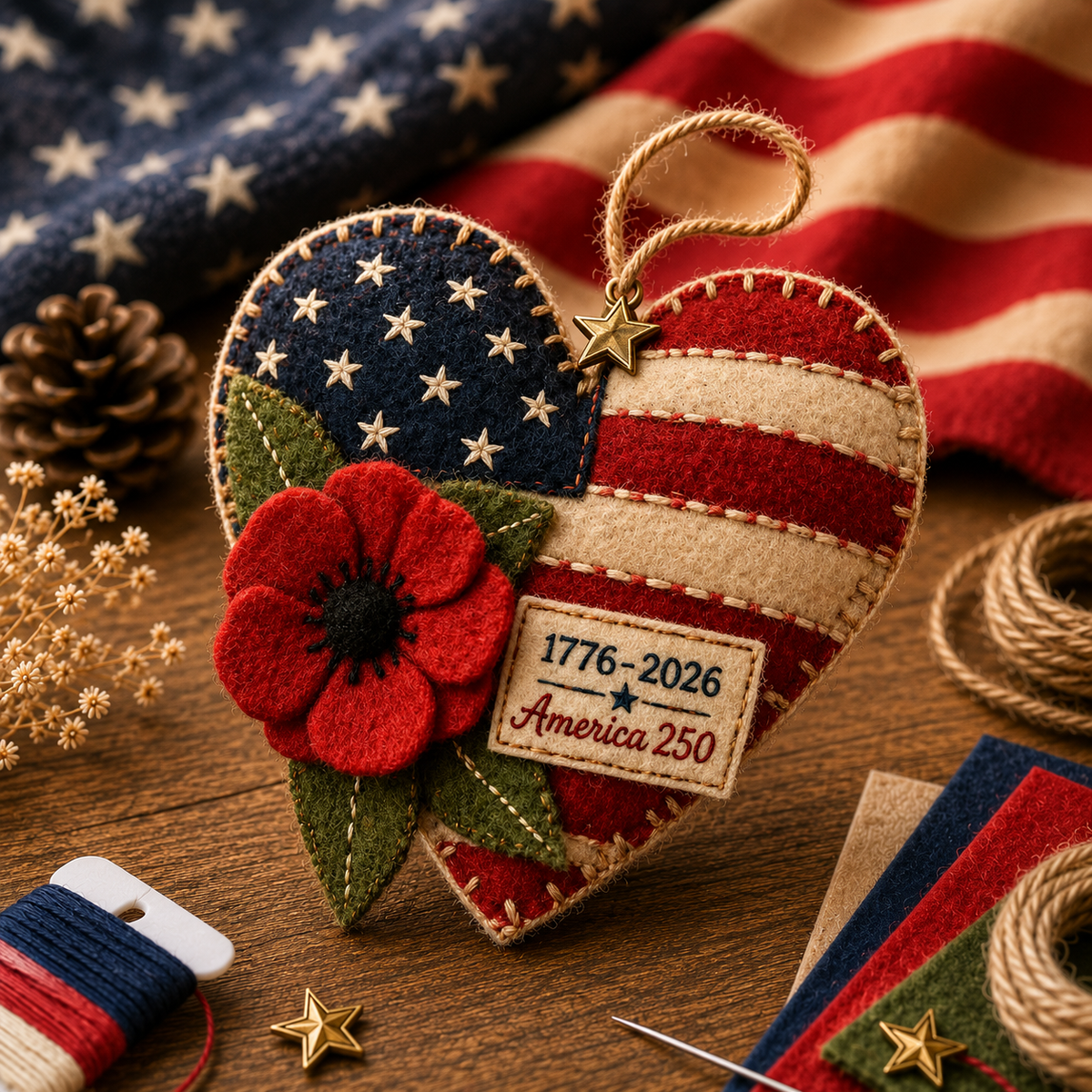 America 250 DIY Felt Ornament Kit, 1776-2026 Patriotic Handmade Hanging Decoration, Red White Blue Felt Craft Kit with Embroidery Thread, Jute Cord & Star Charm for Independence Day, Memorial Day, Veterans Day, Home Decor