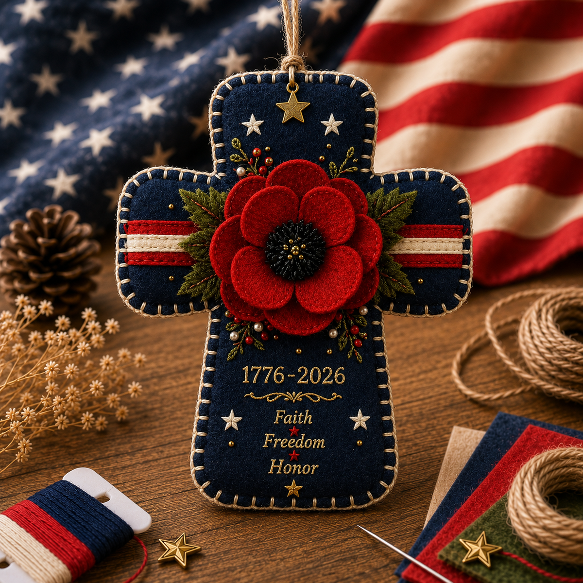 America 250 DIY Felt Ornament Kit, 1776-2026 Patriotic Handmade Hanging Decoration, Red White Blue Felt Craft Kit with Embroidery Thread, Jute Cord & Star Charm for Independence Day, Memorial Day, Veterans Day, Home Decor