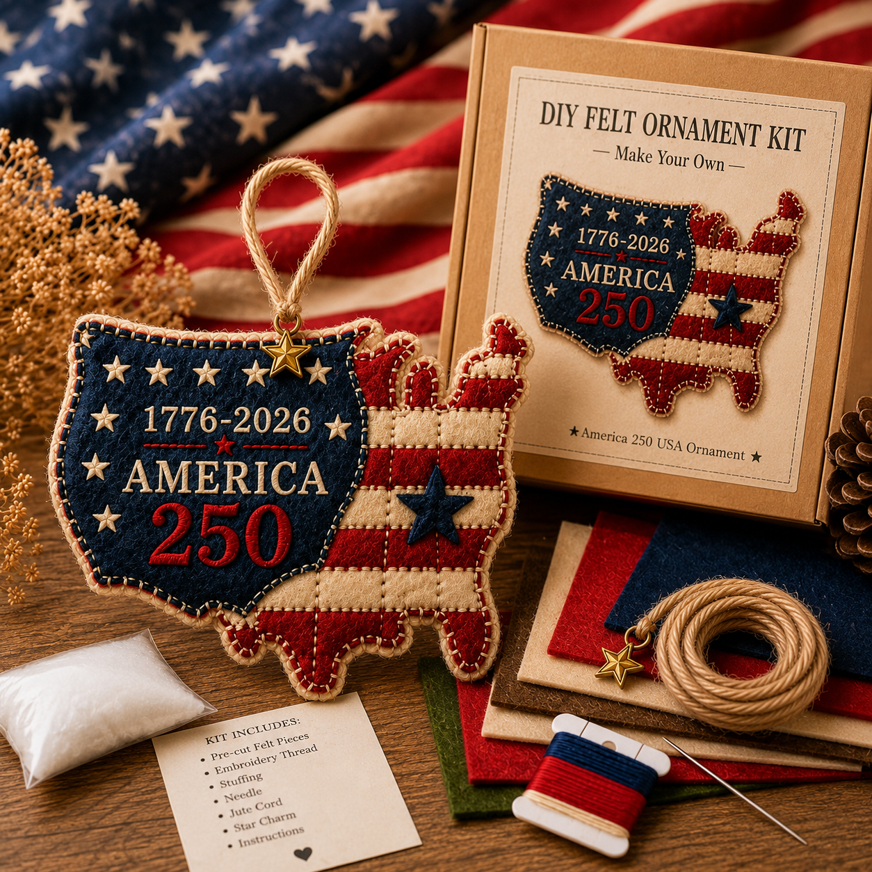 America 250 DIY Felt Ornament Kit, 1776-2026 Patriotic Handmade Hanging Decoration, Red White Blue Felt Craft Kit with Embroidery Thread, Jute Cord & Star Charm for Independence Day, Memorial Day, Veterans Day, Home Decor
