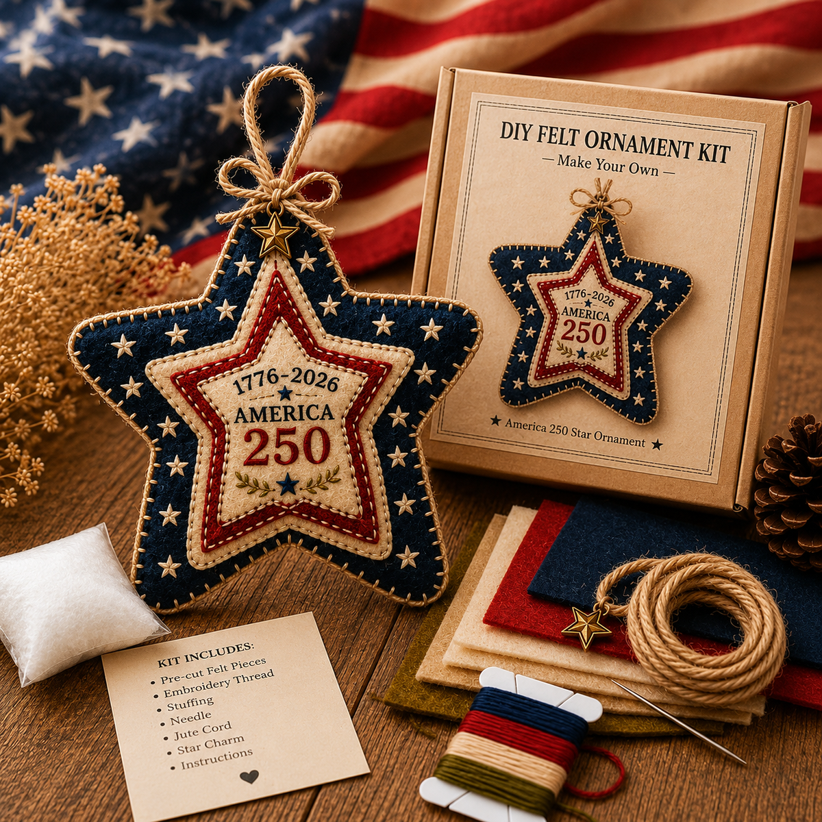 America 250 DIY Felt Ornament Kit, 1776-2026 Patriotic Handmade Hanging Decoration, Red White Blue Felt Craft Kit with Embroidery Thread, Jute Cord & Star Charm for Independence Day, Memorial Day, Veterans Day, Home Decor
