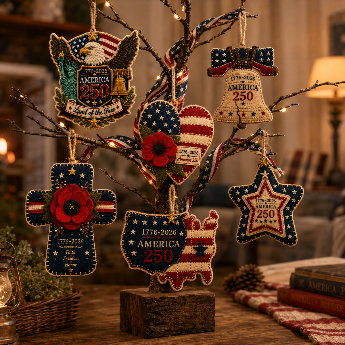 America 250 DIY Felt Ornament Kit, 1776-2026 Patriotic Handmade Hanging Decoration, Red White Blue Felt Craft Kit with Embroidery Thread, Jute Cord & Star Charm for Independence Day, Memorial Day, Veterans Day, Home Decor