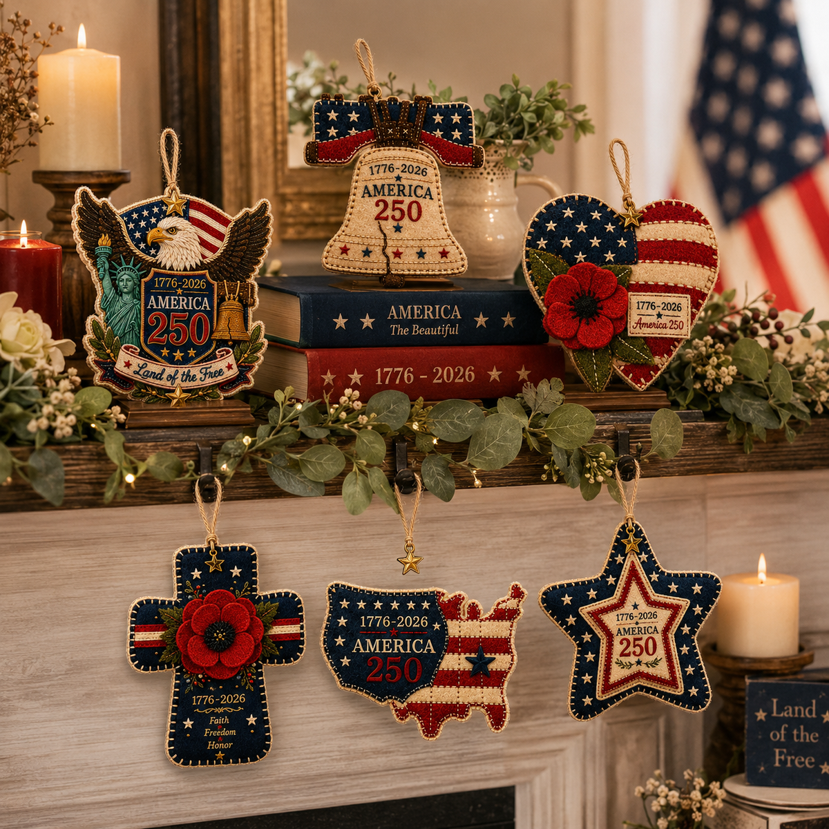 America 250 DIY Felt Ornament Kit, 1776-2026 Patriotic Handmade Hanging Decoration, Red White Blue Felt Craft Kit with Embroidery Thread, Jute Cord & Star Charm for Independence Day, Memorial Day, Veterans Day, Home Decor