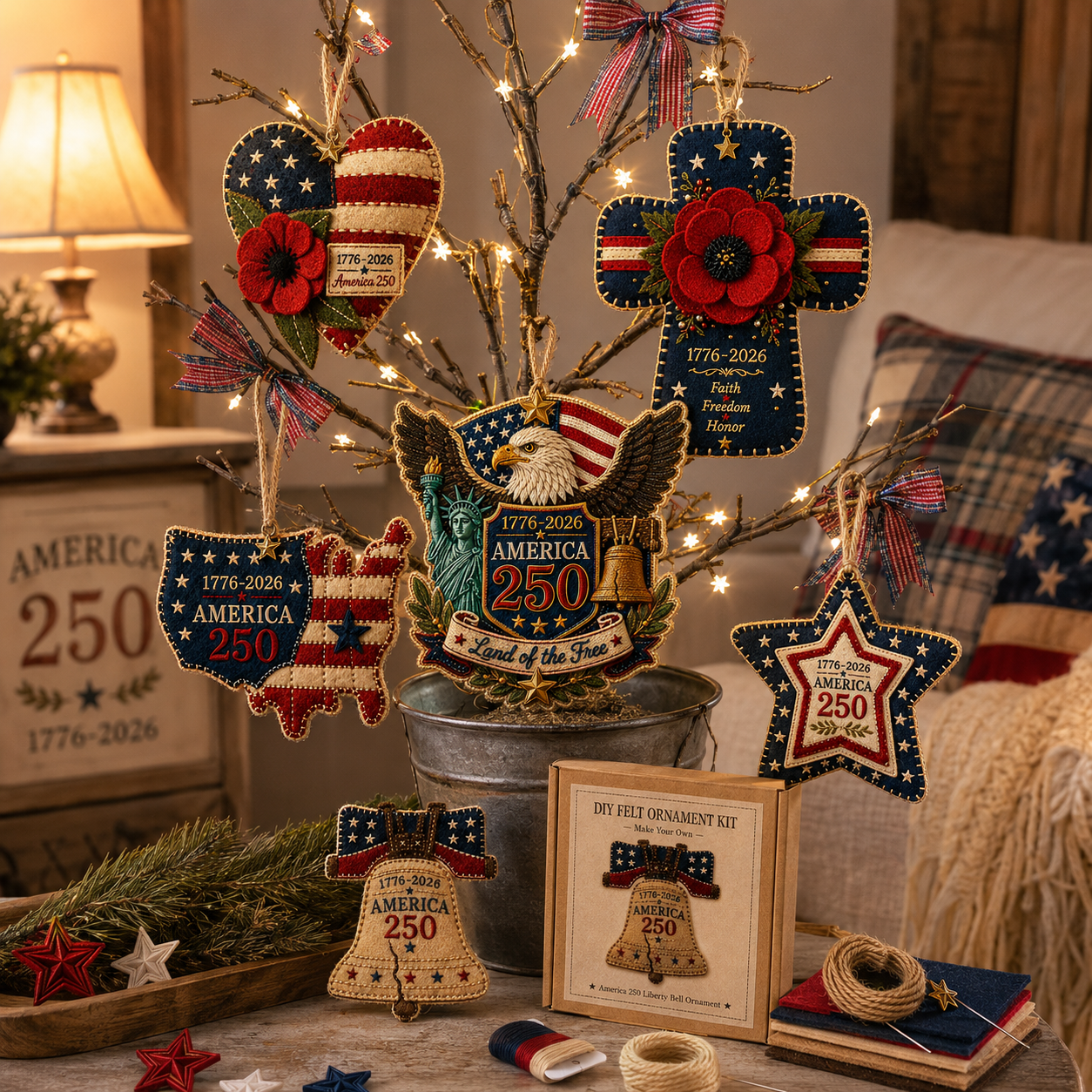 America 250 DIY Felt Ornament Kit, 1776-2026 Patriotic Handmade Hanging Decoration, Red White Blue Felt Craft Kit with Embroidery Thread, Jute Cord & Star Charm for Independence Day, Memorial Day, Veterans Day, Home Decor