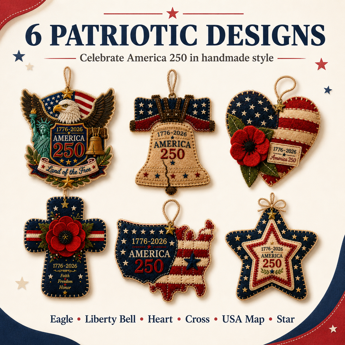 America 250 DIY Felt Ornament Kit, 1776-2026 Patriotic Handmade Hanging Decoration, Red White Blue Felt Craft Kit with Embroidery Thread, Jute Cord & Star Charm for Independence Day, Memorial Day, Veterans Day, Home Decor