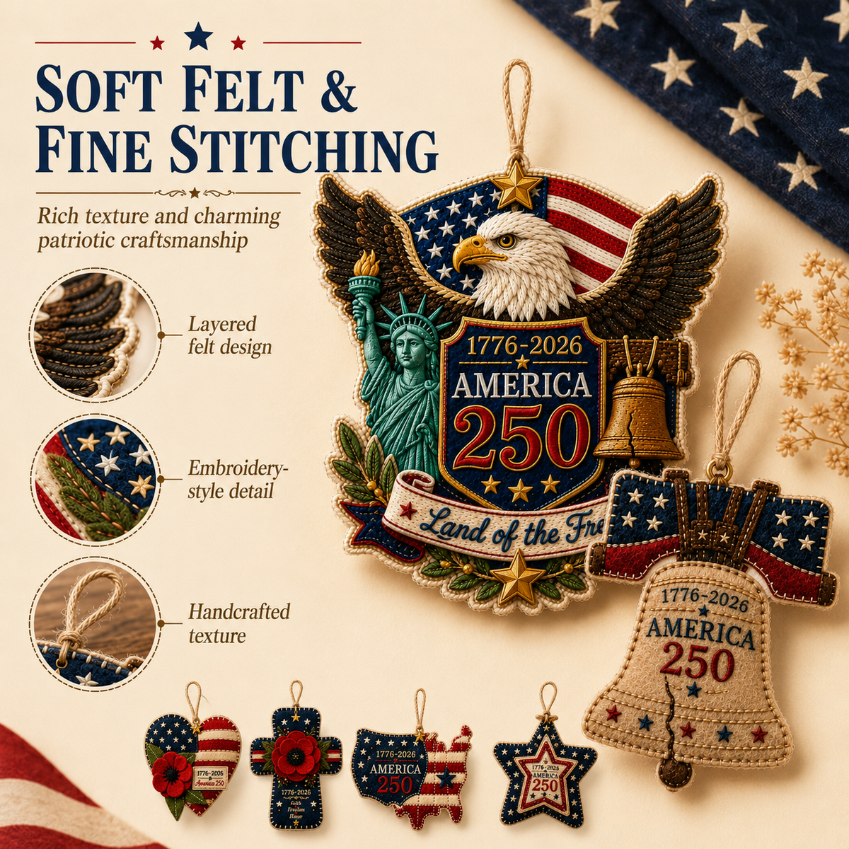 America 250 DIY Felt Ornament Kit, 1776-2026 Patriotic Handmade Hanging Decoration, Red White Blue Felt Craft Kit with Embroidery Thread, Jute Cord & Star Charm for Independence Day, Memorial Day, Veterans Day, Home Decor