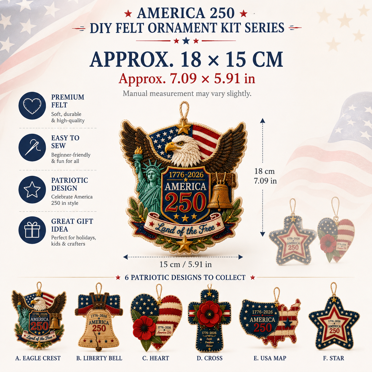 America 250 DIY Felt Ornament Kit, 1776-2026 Patriotic Handmade Hanging Decoration, Red White Blue Felt Craft Kit with Embroidery Thread, Jute Cord & Star Charm for Independence Day, Memorial Day, Veterans Day, Home Decor