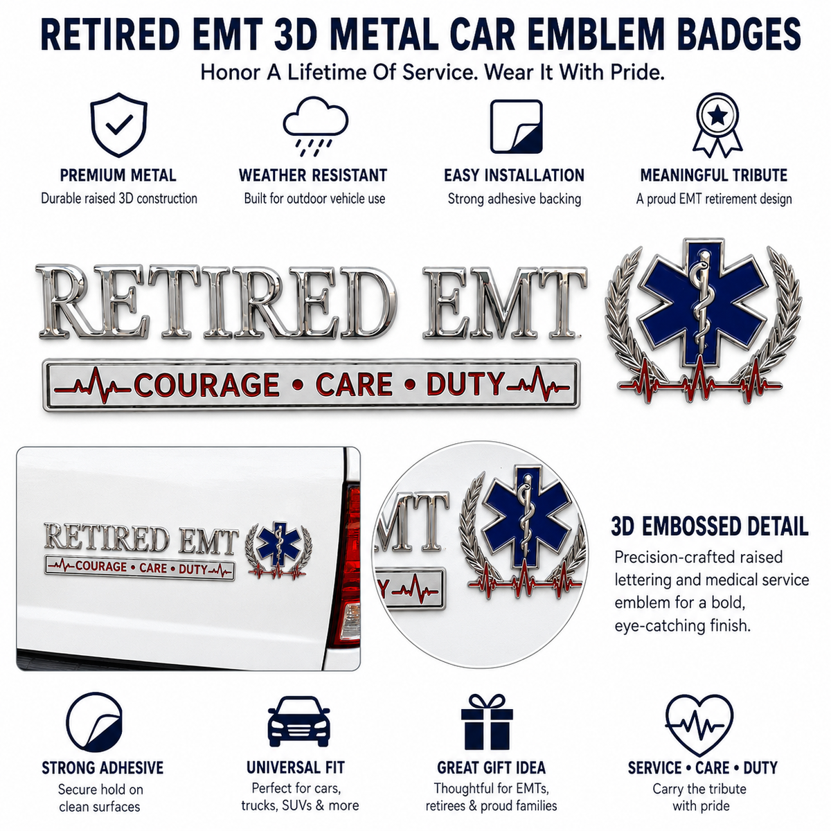 🚑 Retired EMT Courage Care Duty Car Emblem Metal Badge