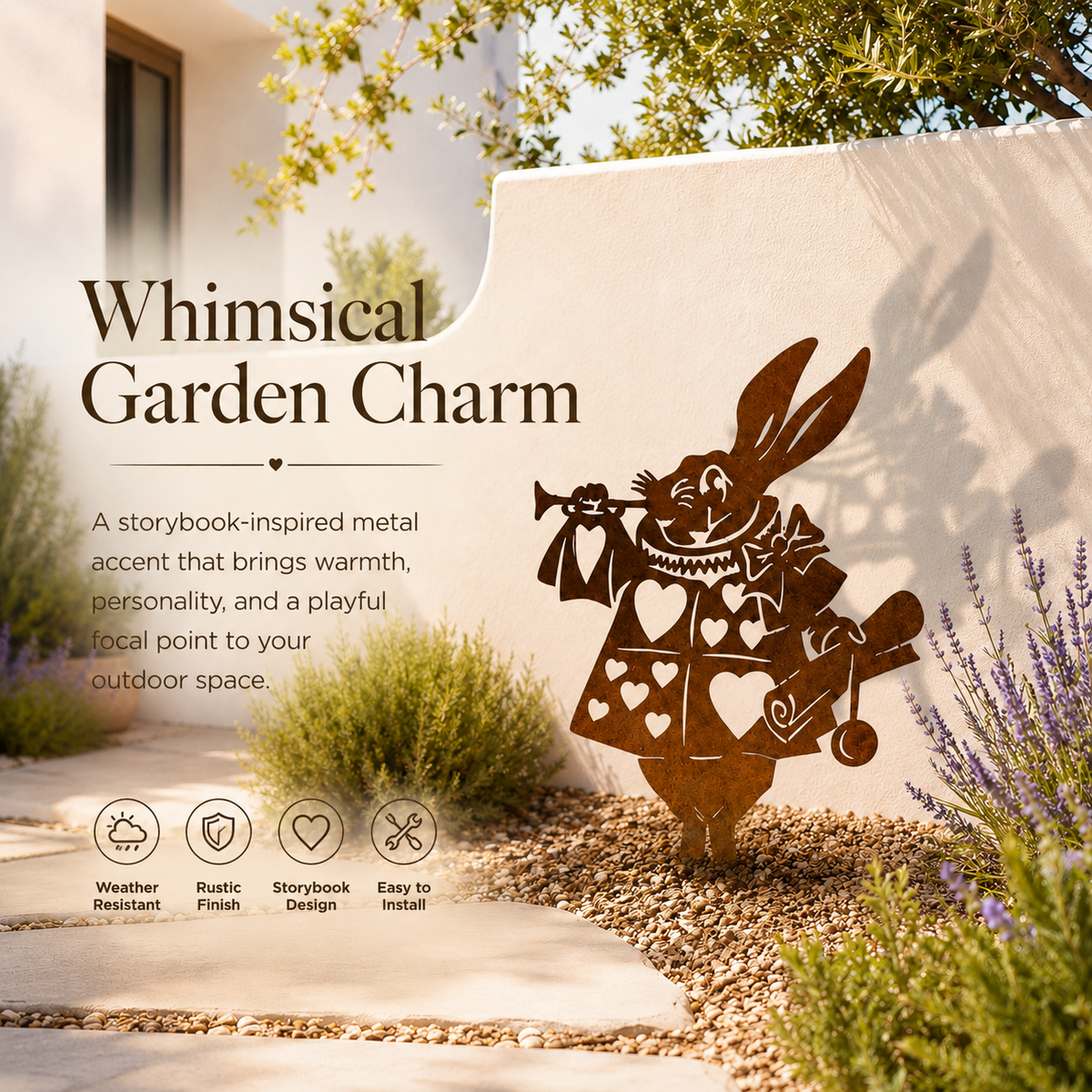 Storybook Bunny Metal Garden Decor – Rustic Outdoor Stake