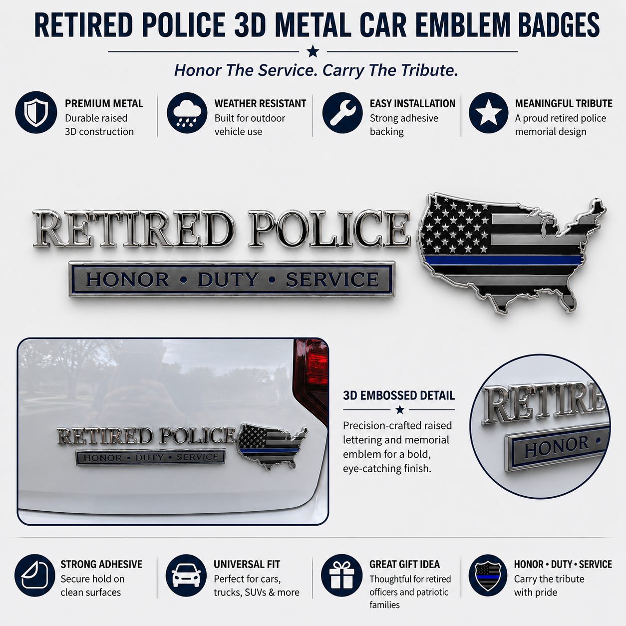 👮 Retired Police Honor Duty Service Car Emblem Metal Badge