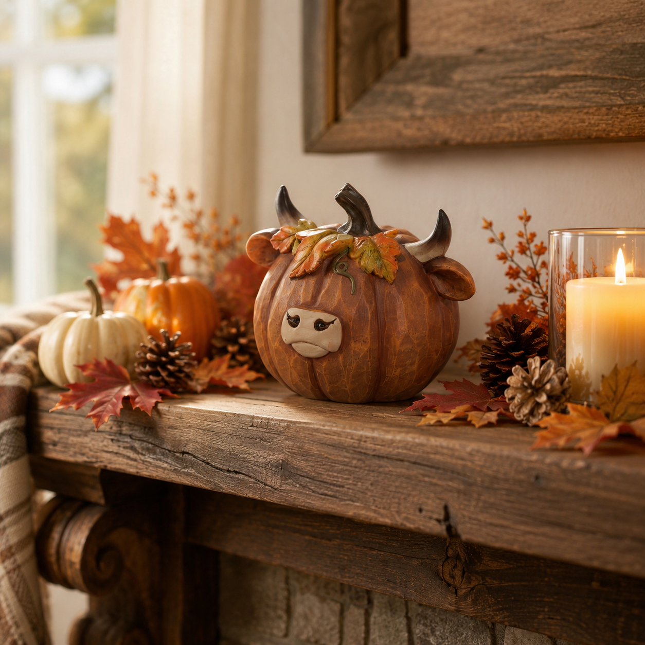 Highland Cow Pumpkin Collectible Decor, Hand-Painted Resin Fall Figurine