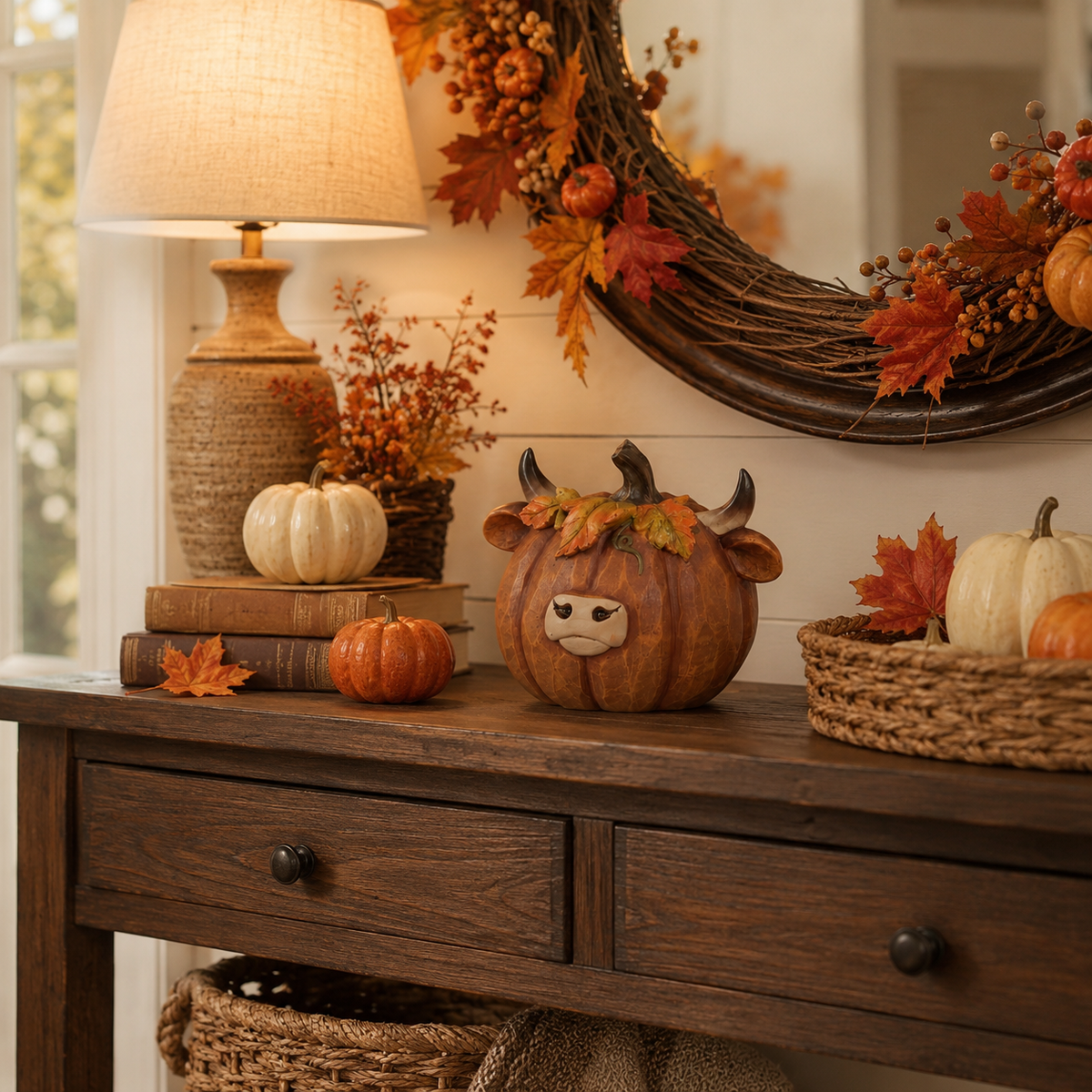 Highland Cow Pumpkin Collectible Decor, Hand-Painted Resin Fall Figurine