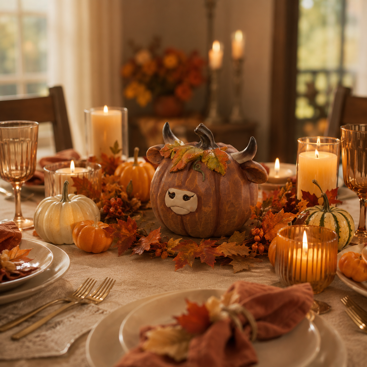 Highland Cow Pumpkin Collectible Decor, Hand-Painted Resin Fall Figurine