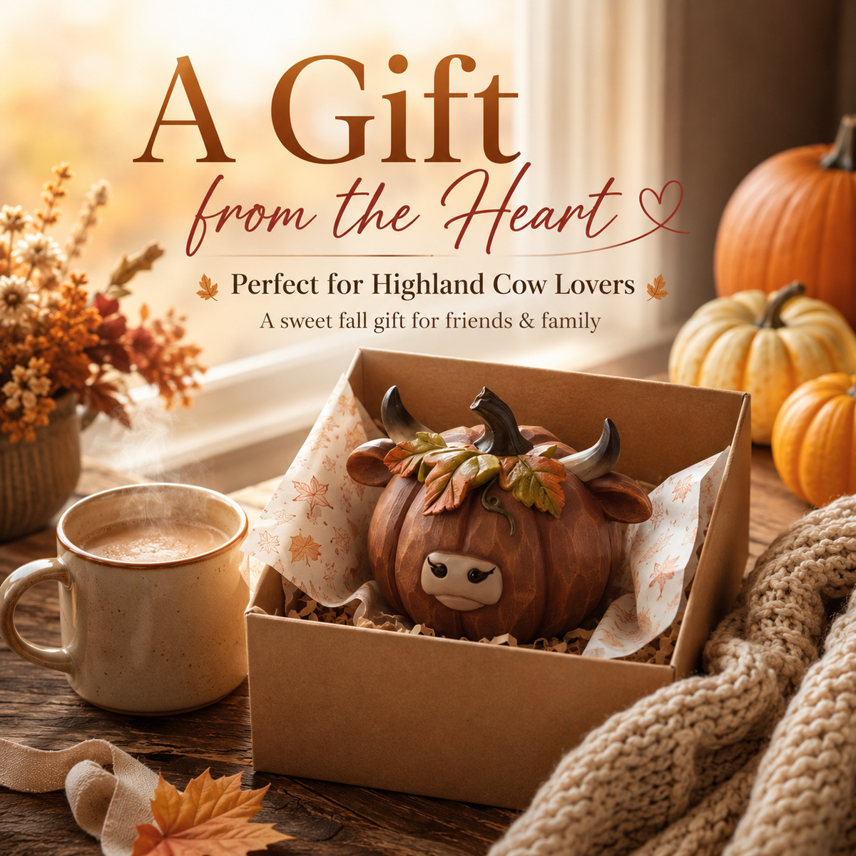Highland Cow Pumpkin Collectible Decor, Hand-Painted Resin Fall Figurine