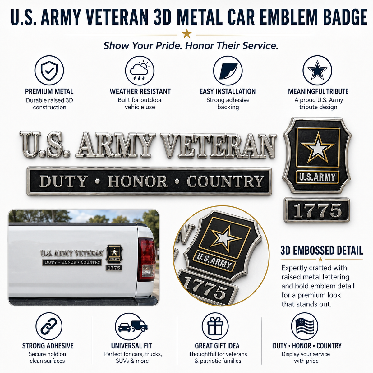 🇺🇸 U.S. Army Veteran Duty Honor Country Car Emblem Metal Badge