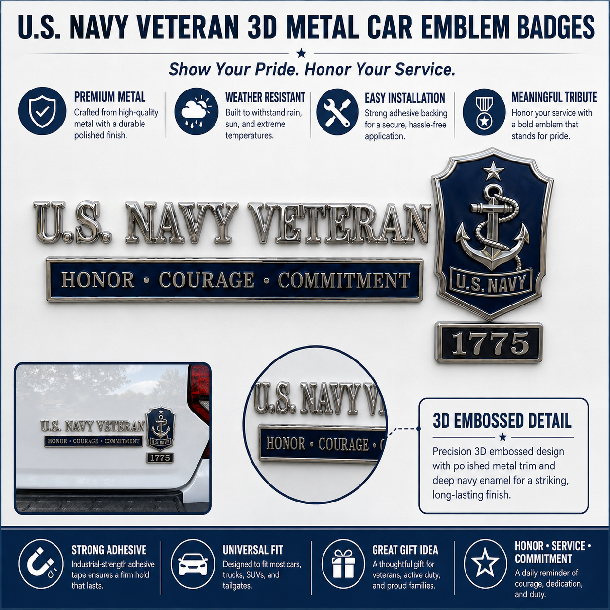 🇺🇸 U.S. Navy Veteran Honor Courage Commitment Car Emblem Metal Badge