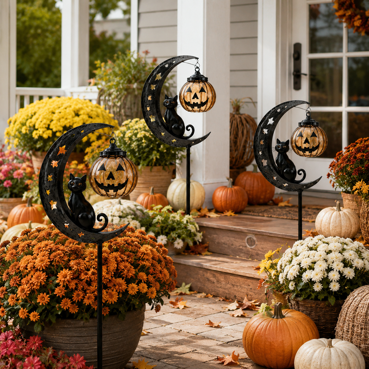 Solar Halloween Garden Stake Light with Cat and Pumpkin Lantern