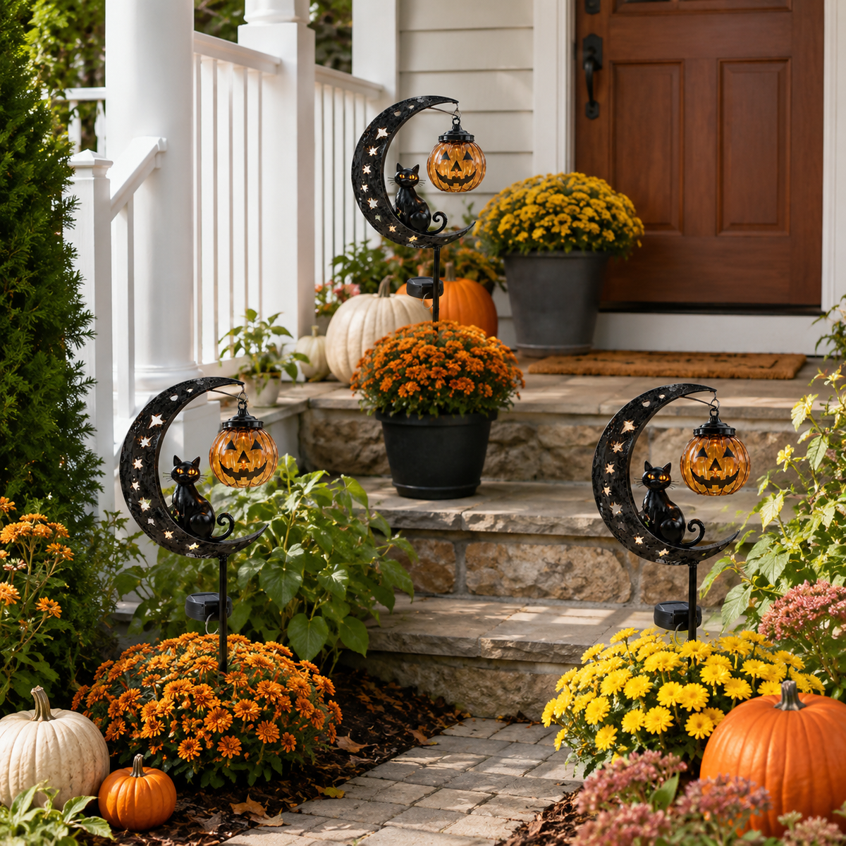 Solar Halloween Garden Stake Light with Cat and Pumpkin Lantern