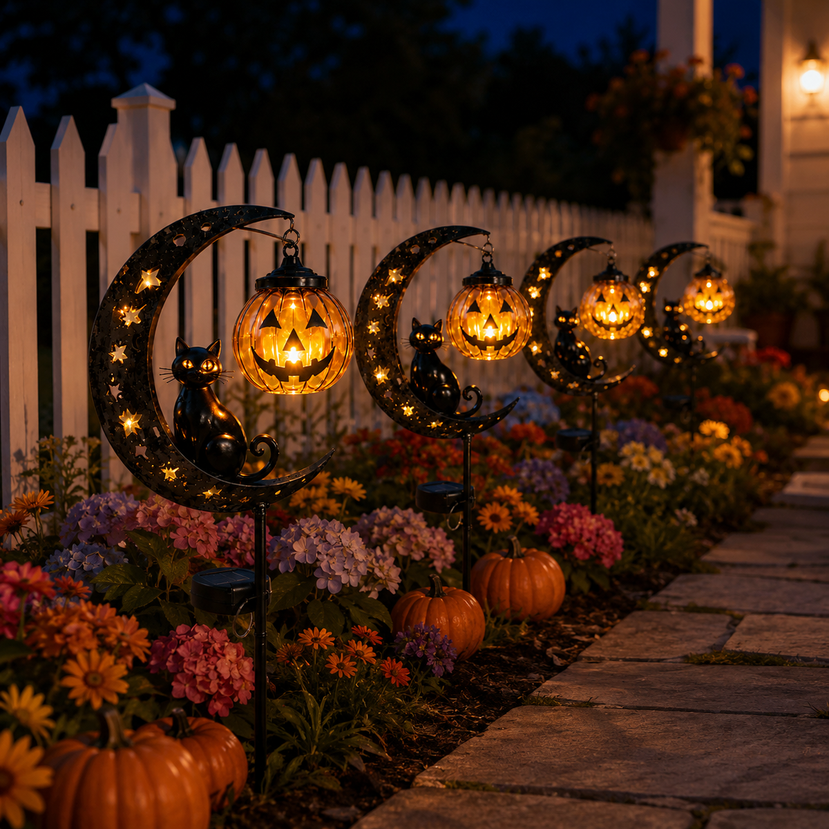 Solar Halloween Garden Stake Light with Cat and Pumpkin Lantern