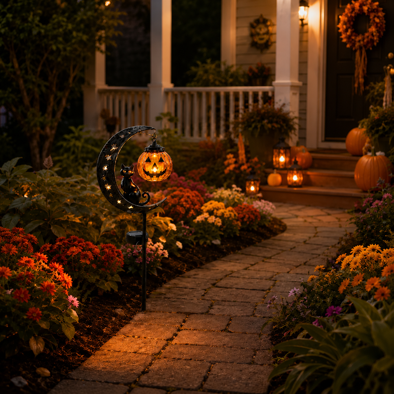 Solar Halloween Garden Stake Light with Cat and Pumpkin Lantern