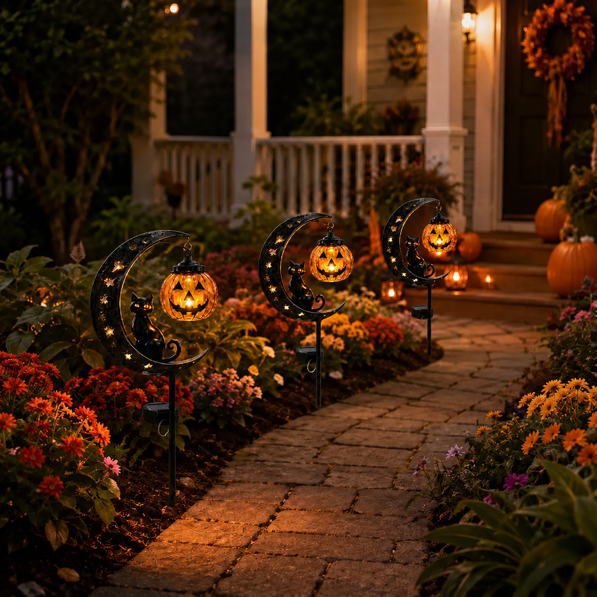 Solar Halloween Garden Stake Light with Cat and Pumpkin Lantern