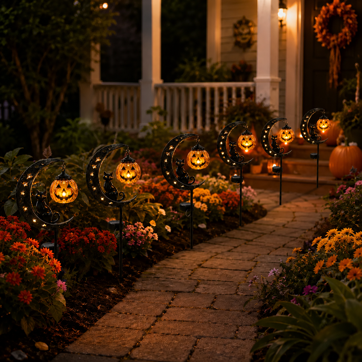 Solar Halloween Garden Stake Light with Cat and Pumpkin Lantern