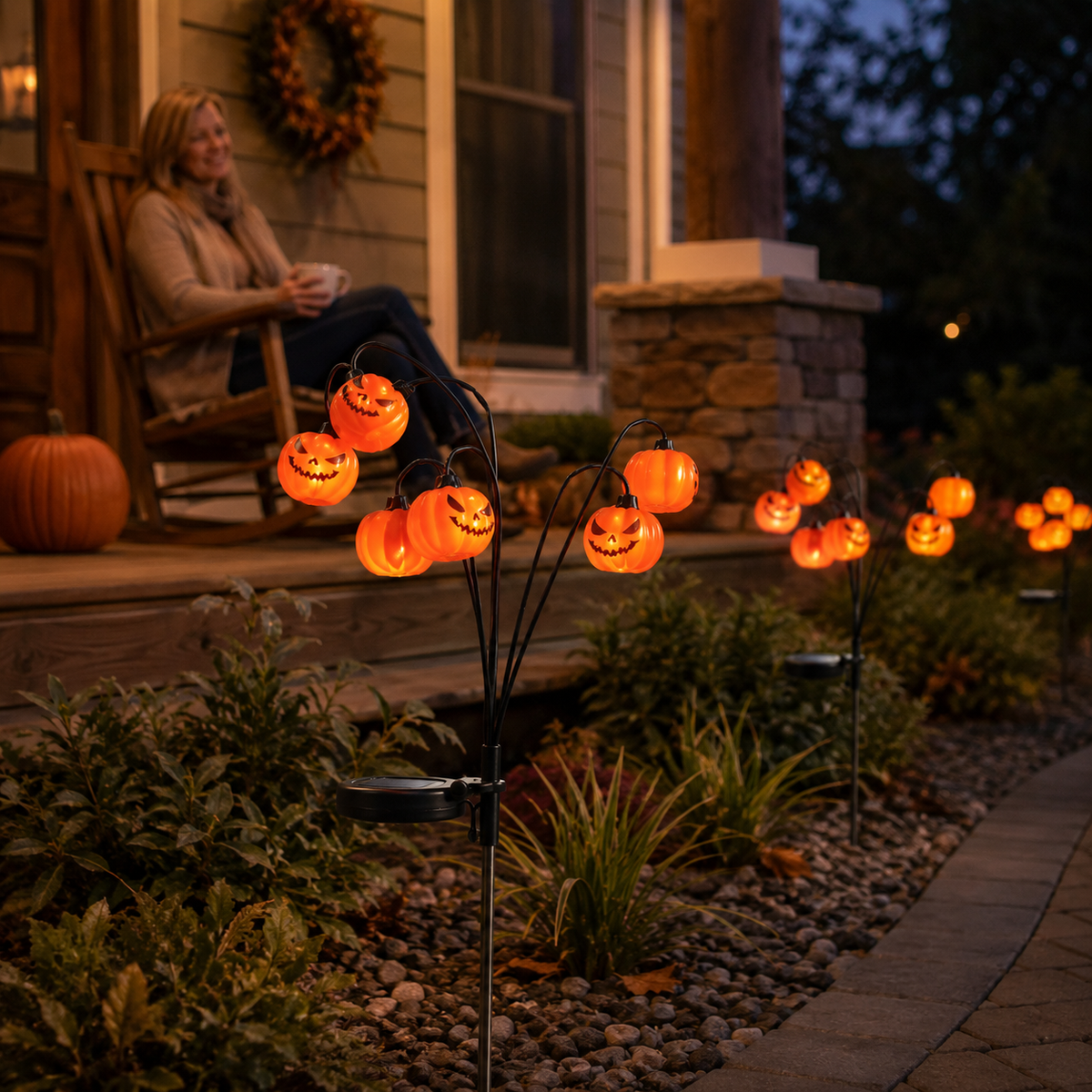 Solar Halloween Pumpkin Garden Stake Light – Warm White Outdoor Jack-O’-Lantern Decor