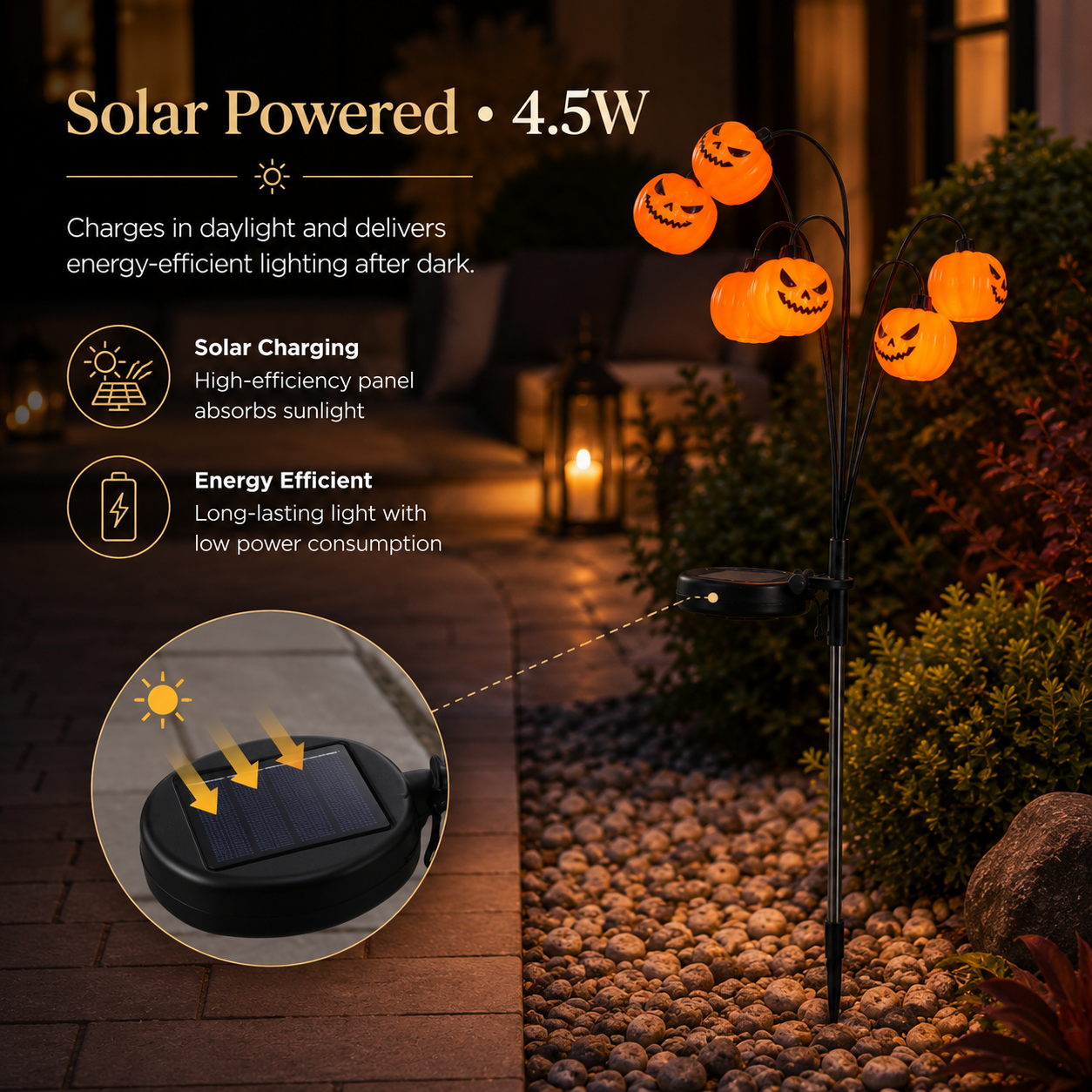 Solar Halloween Pumpkin Garden Stake Light – Warm White Outdoor Jack-O’-Lantern Decor