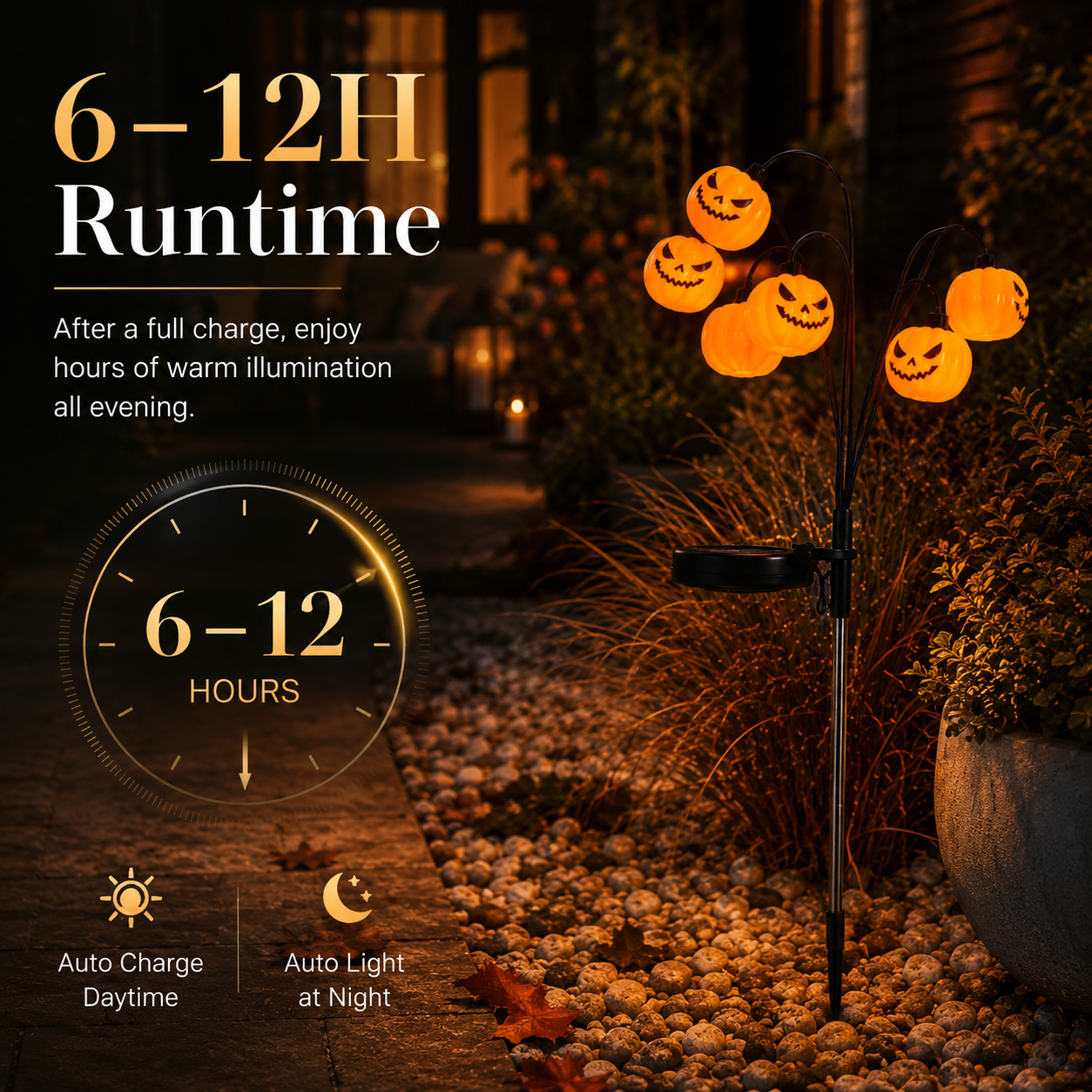 Solar Halloween Pumpkin Garden Stake Light – Warm White Outdoor Jack-O’-Lantern Decor