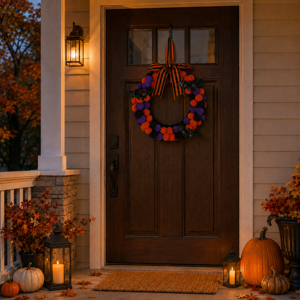Lighted Halloween Pom Pom Wreath