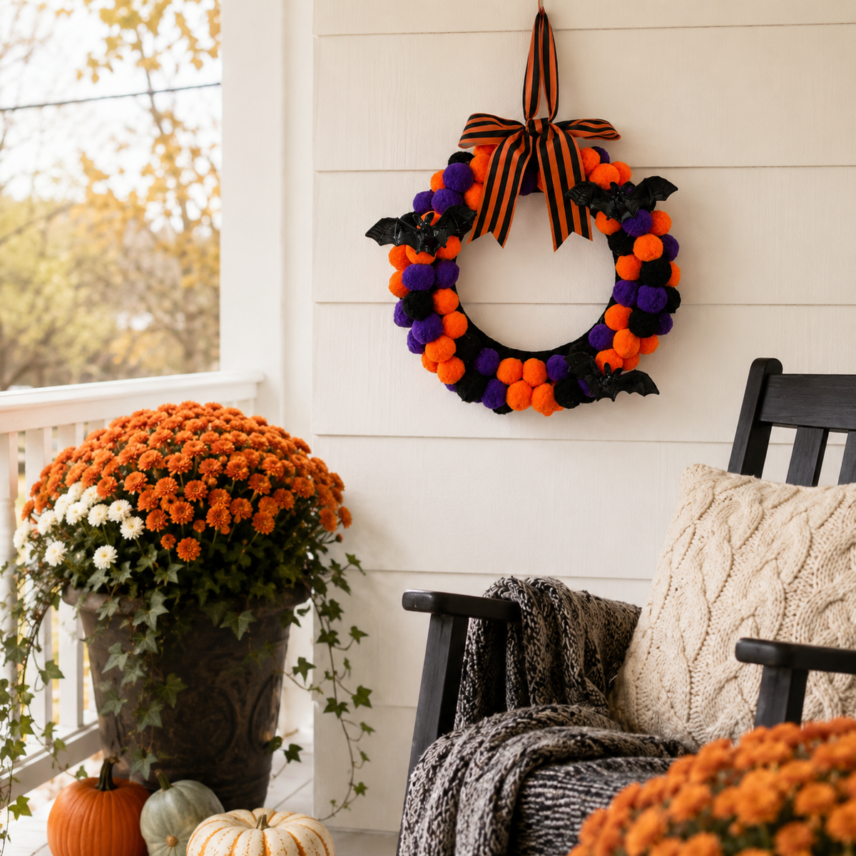 Lighted Halloween Pom Pom Wreath