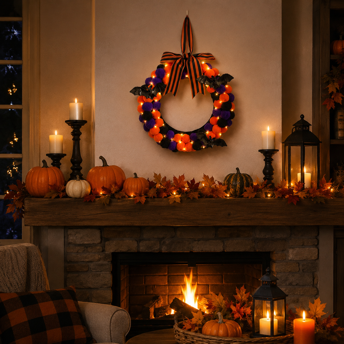 Lighted Halloween Pom Pom Wreath