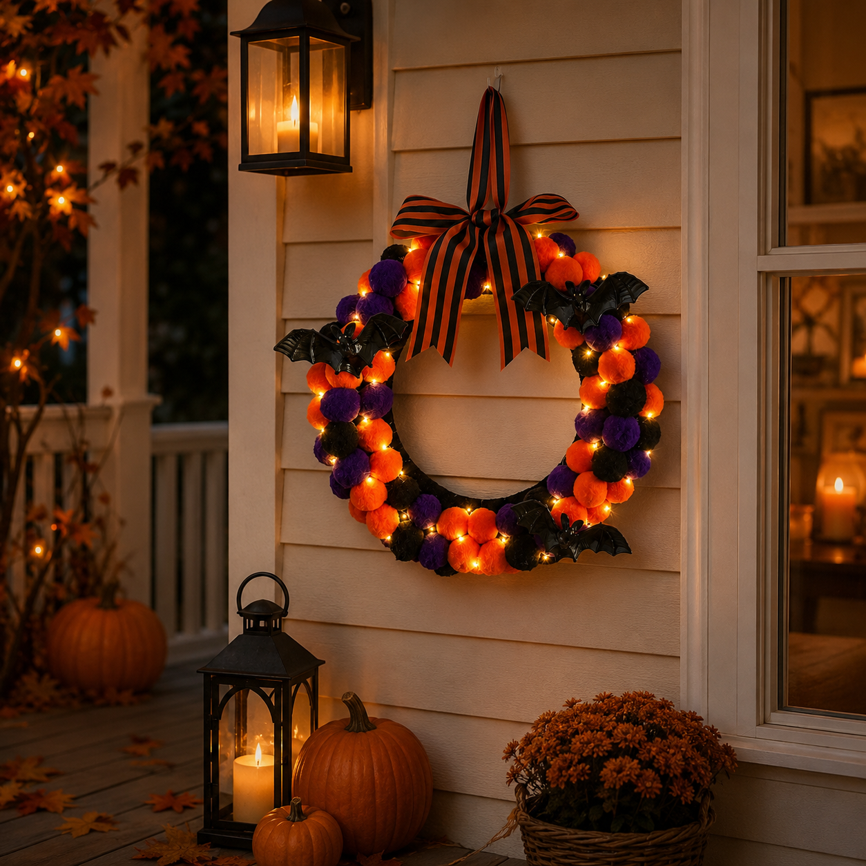 Lighted Halloween Pom Pom Wreath
