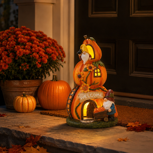 Solar Pumpkin Gnome House Garden Statue