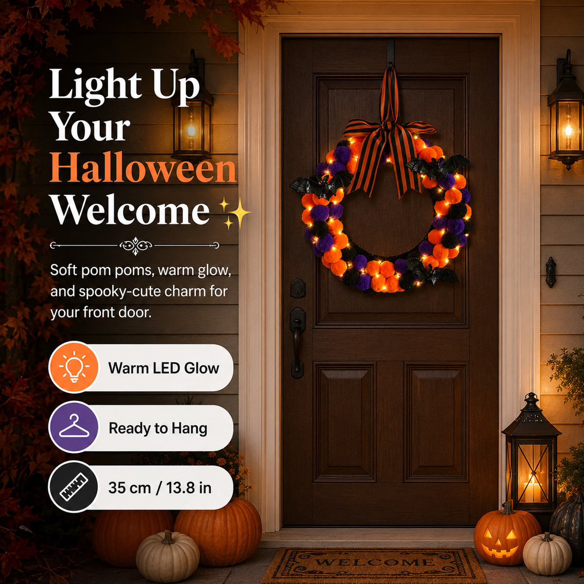 Lighted Halloween Pom Pom Wreath