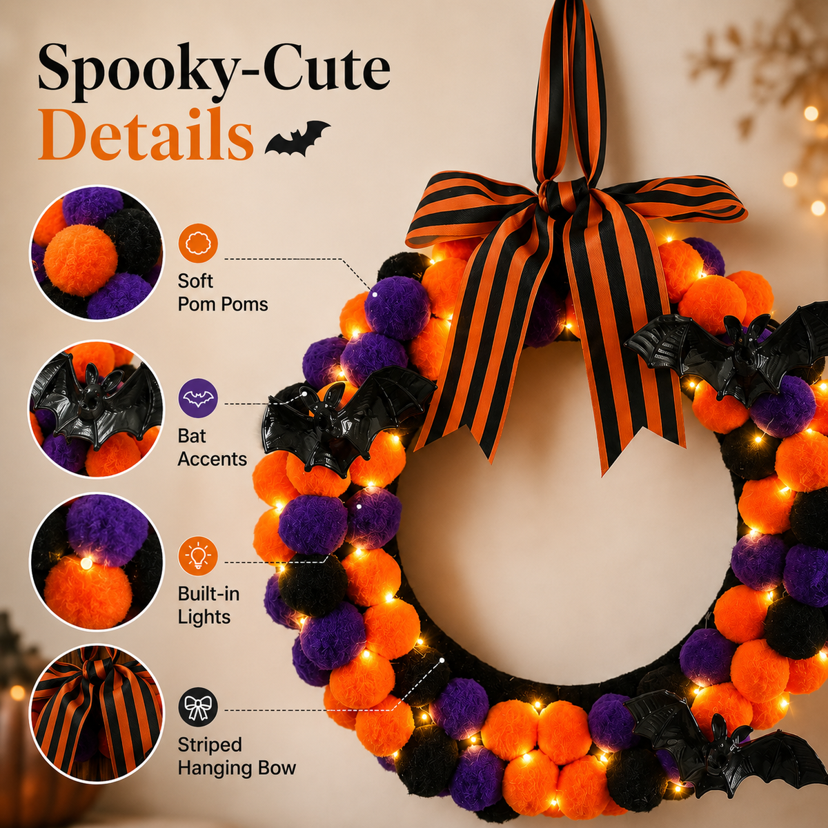 Lighted Halloween Pom Pom Wreath