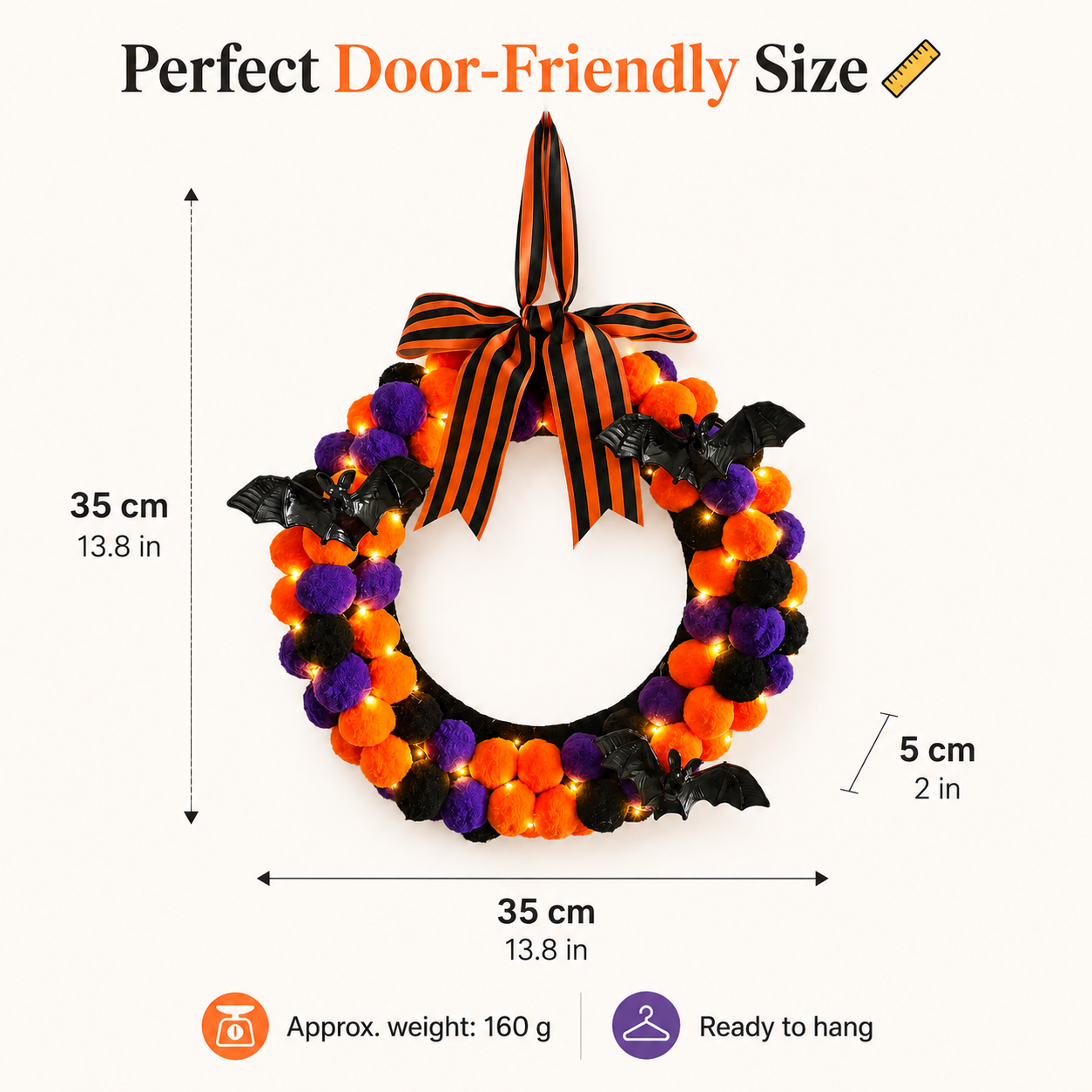 Lighted Halloween Pom Pom Wreath