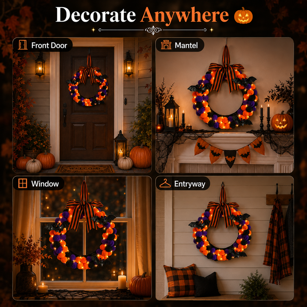 Lighted Halloween Pom Pom Wreath