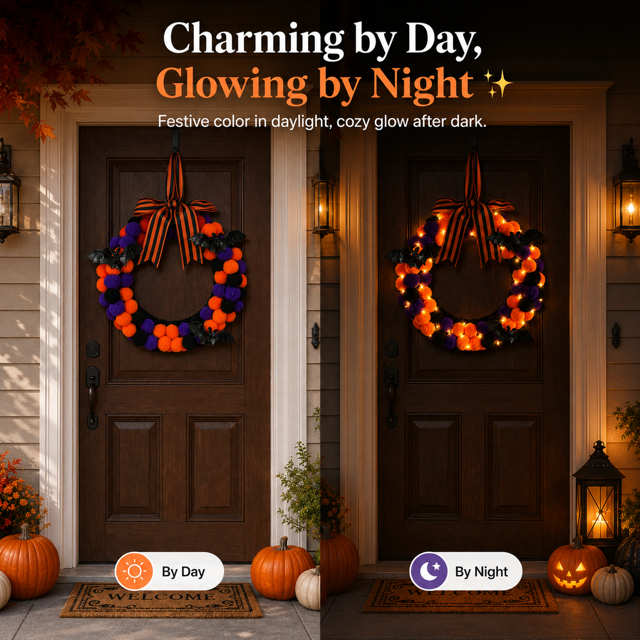 Lighted Halloween Pom Pom Wreath